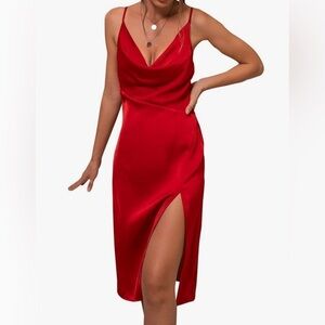Satin Drape Neck Strappy Midi Party Dress Sz M Split Slit Red Sleeveless Cowl